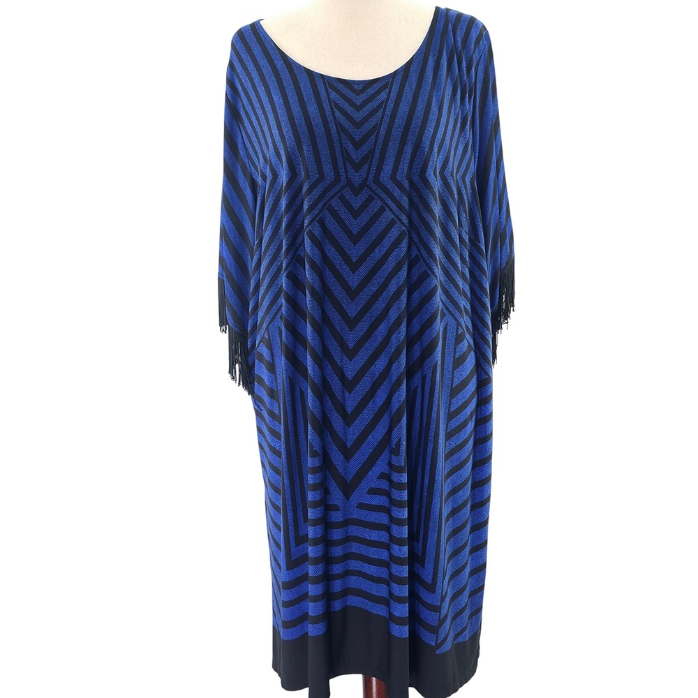 Catherines Kaftan Dress Womens 3X Blue Black Geometric Fringe Chevron TBS3010939
